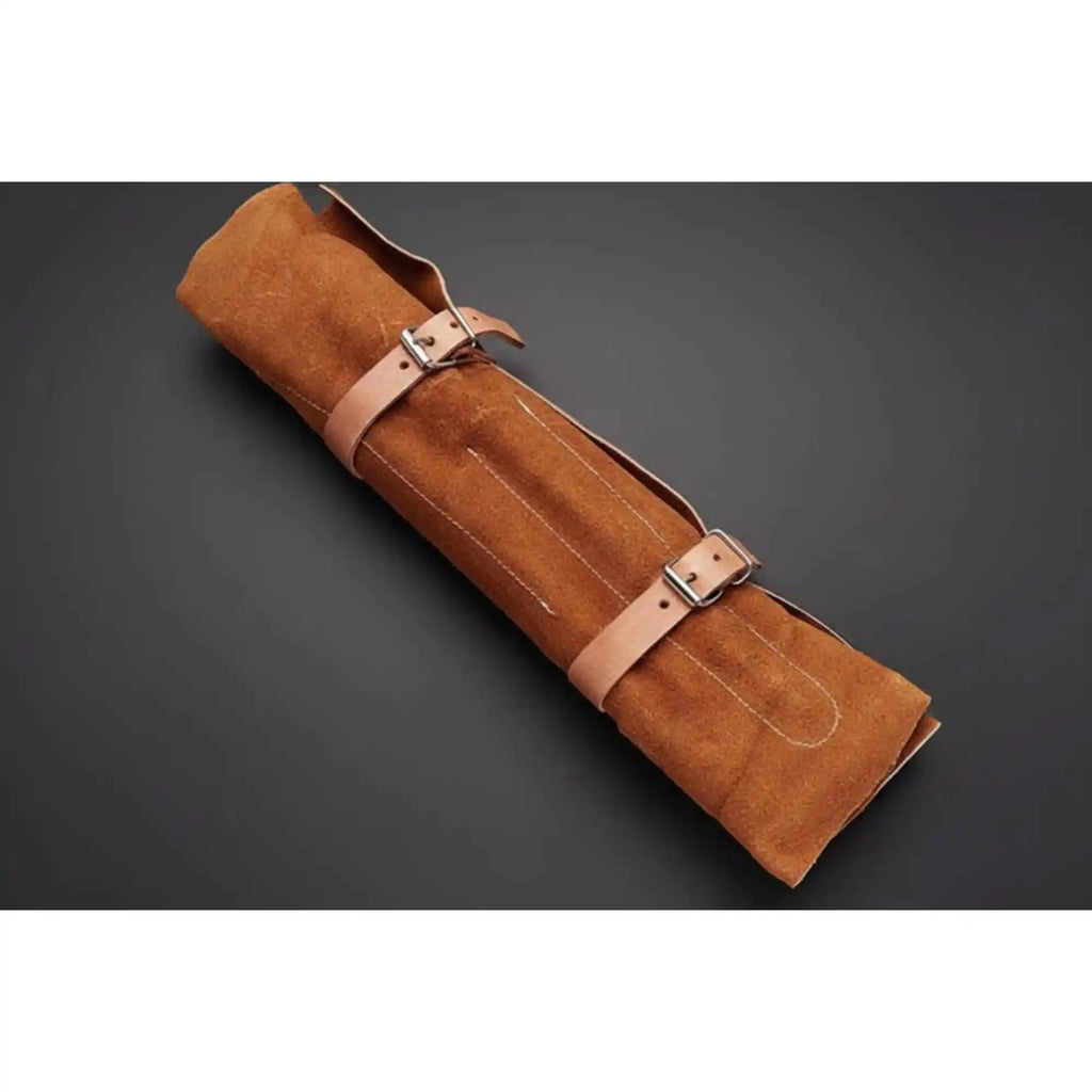 5-Piece Handmade Damascus Chef Knife Set, Full Tang Collection with Leather Roll and Sharpening Rod