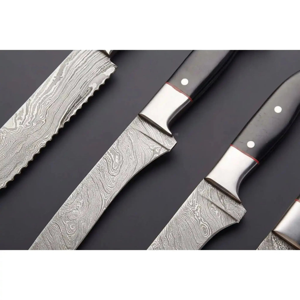 5-Piece Handmade Damascus Chef Knife Set, Full Tang Collection with Leather Roll and Sharpening Rod