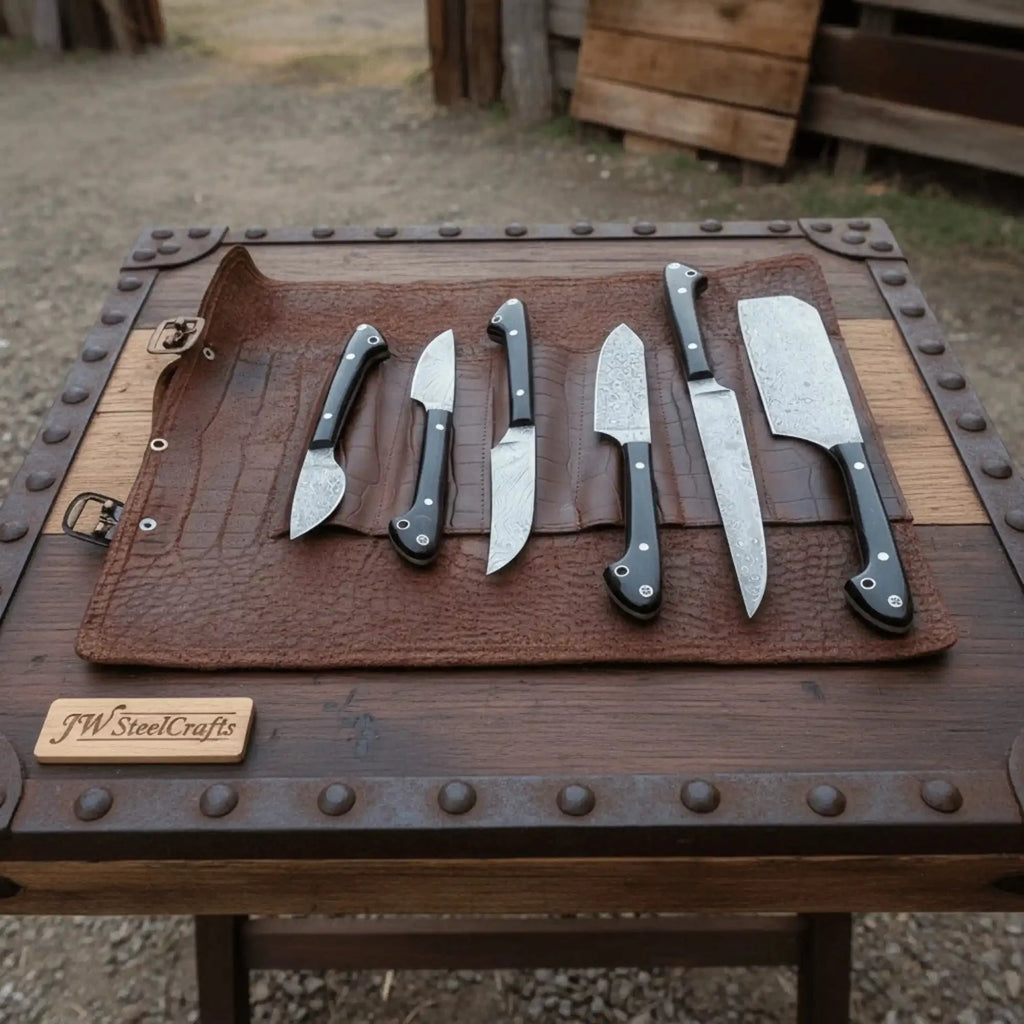 Handmade Damascus Chef Knife Set with Leather Roll, Full Tang Black Resin Handles, Professional Kitchen Knife Kit