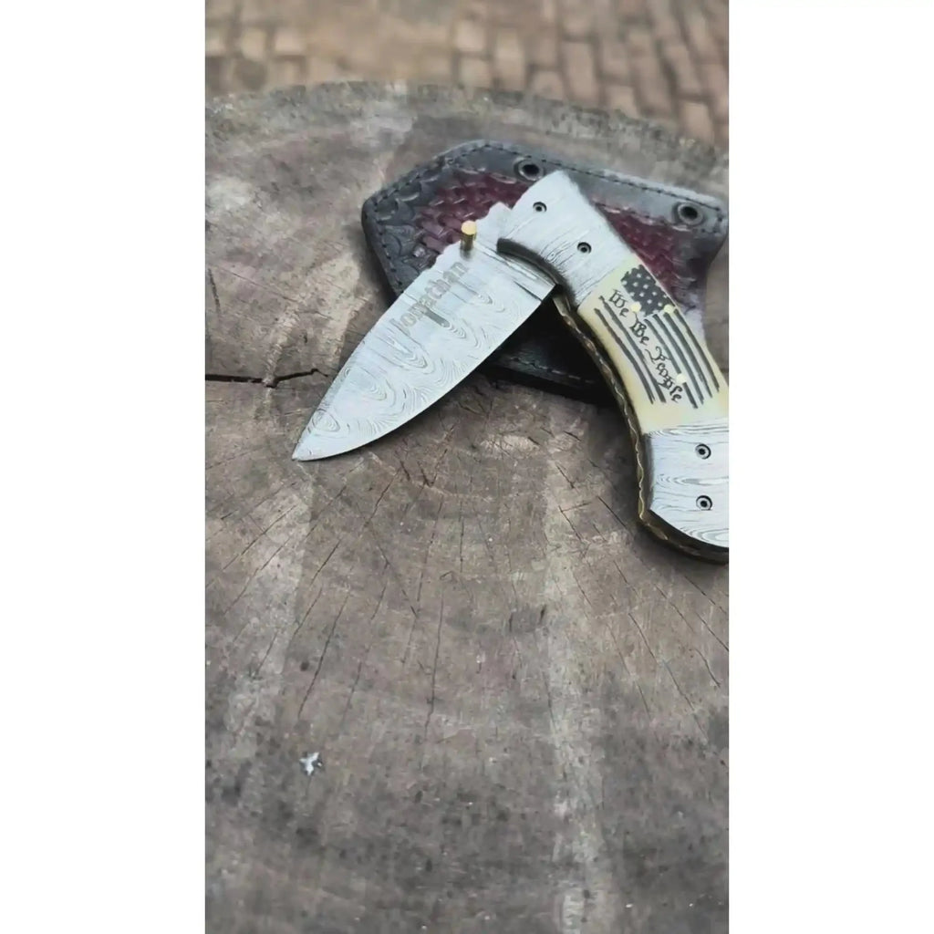 Handmade Damascus Drop Point Folding Knife – American Flag Handle, EDC Pocket Knife