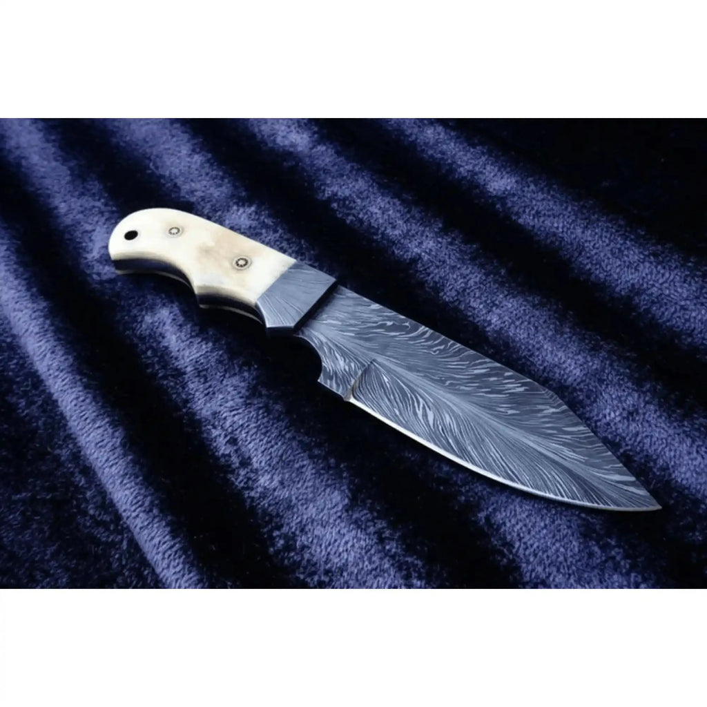 Handmade Damascus Drop Point Hunting Knife with Engraved Bone Handle and Leather Sheath
