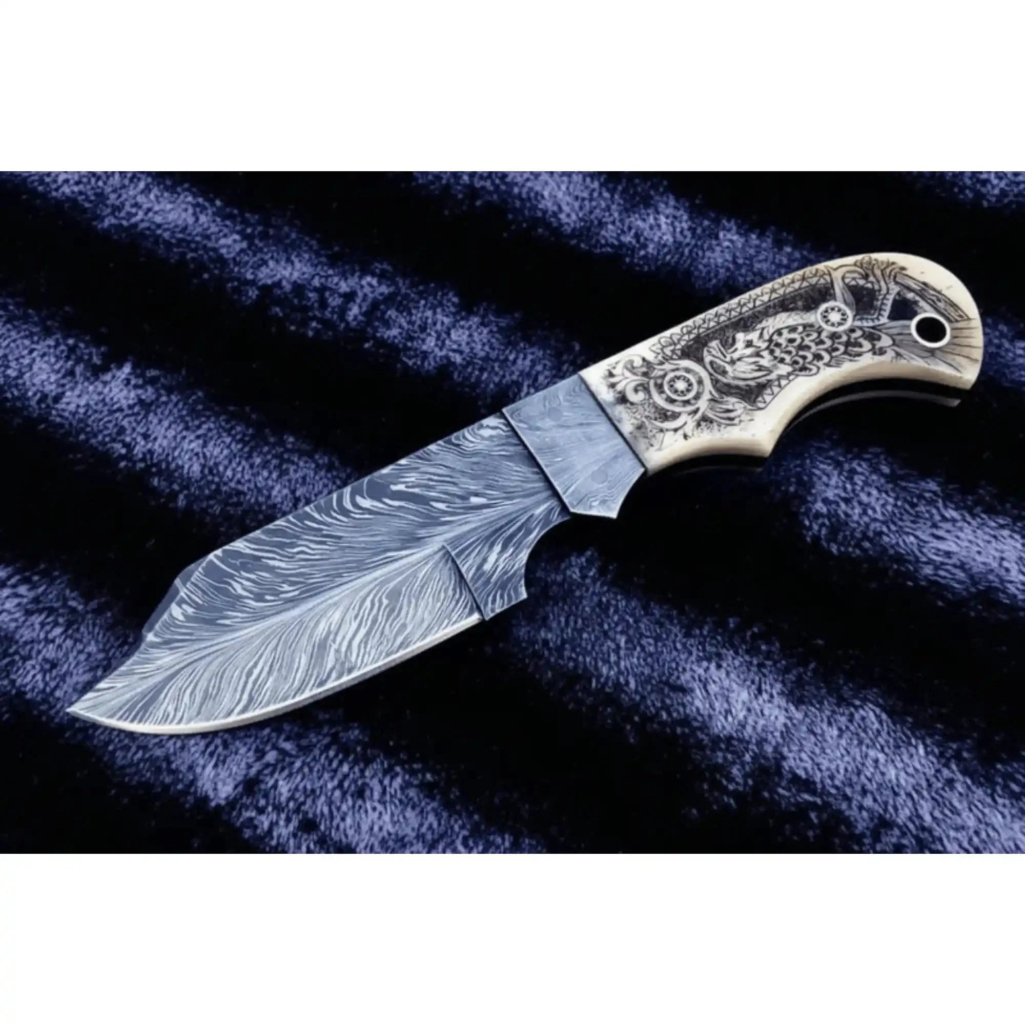 Handmade Damascus Drop Point Hunting Knife with Engraved Bone Handle and Leather Sheath