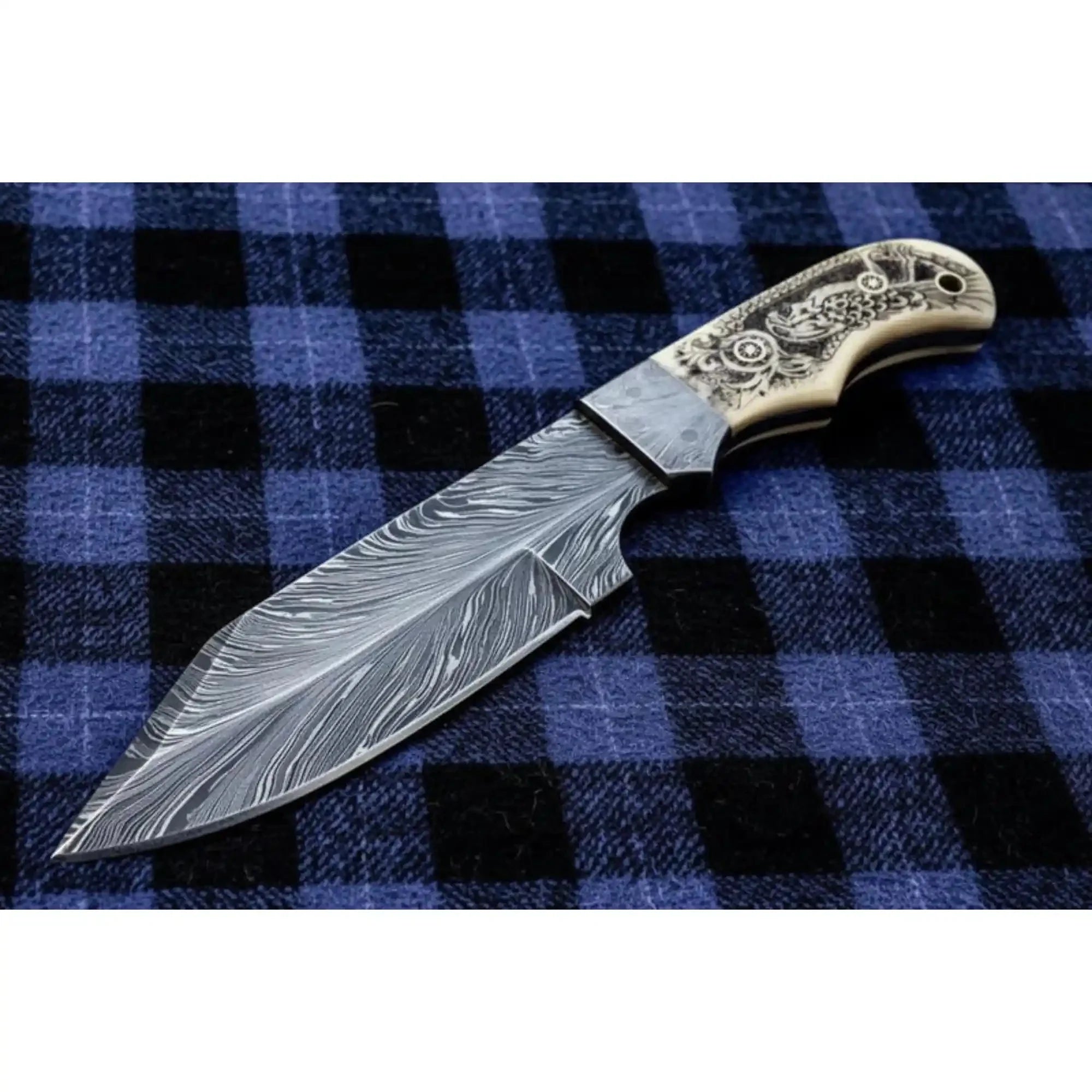 Handmade Damascus Drop Point Hunting Knife with Engraved Bone Handle and Leather Sheath