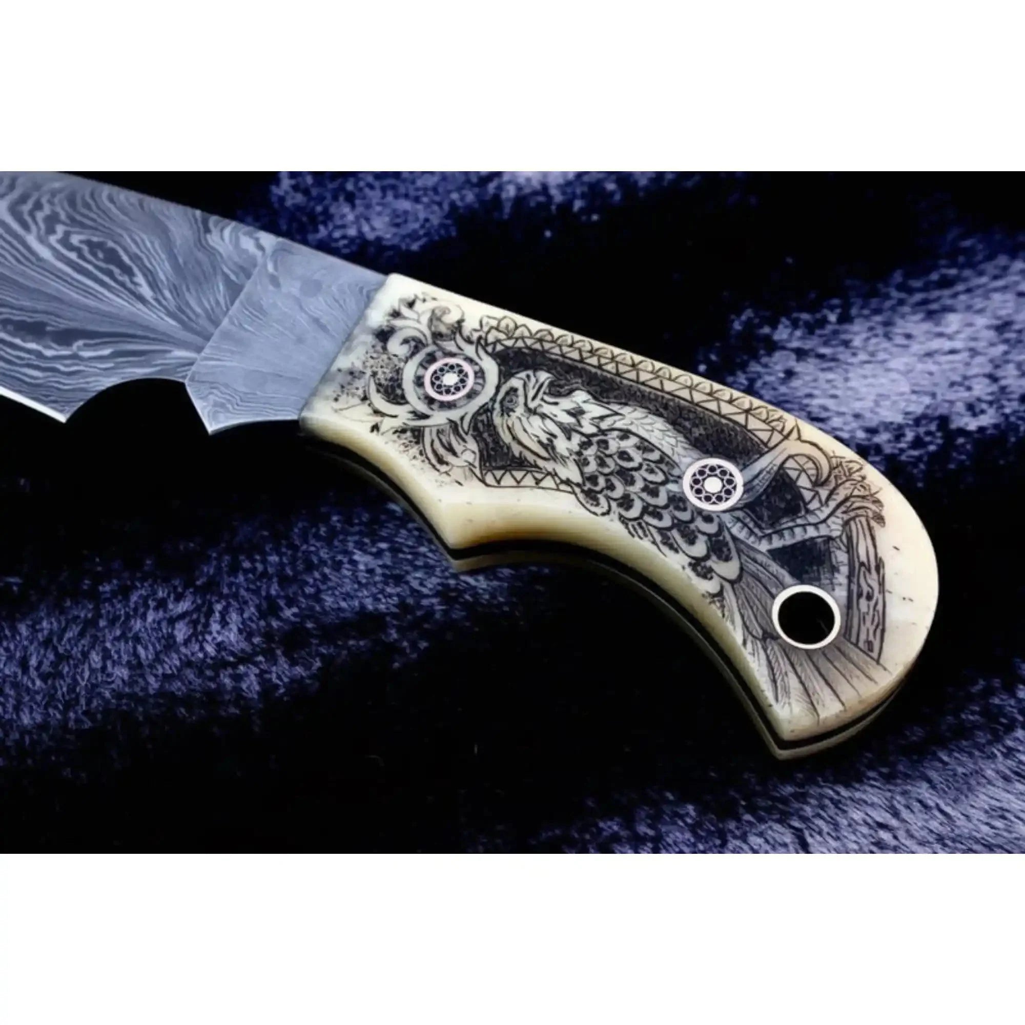 Handmade Damascus Drop Point Hunting Knife with Engraved Bone Handle and Leather Sheath