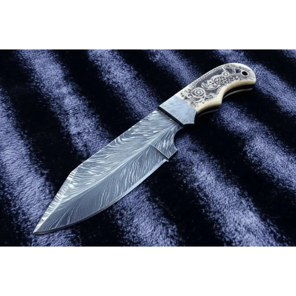 Handmade Damascus Drop Point Hunting Knife with Engraved Bone Handle and Leather Sheath