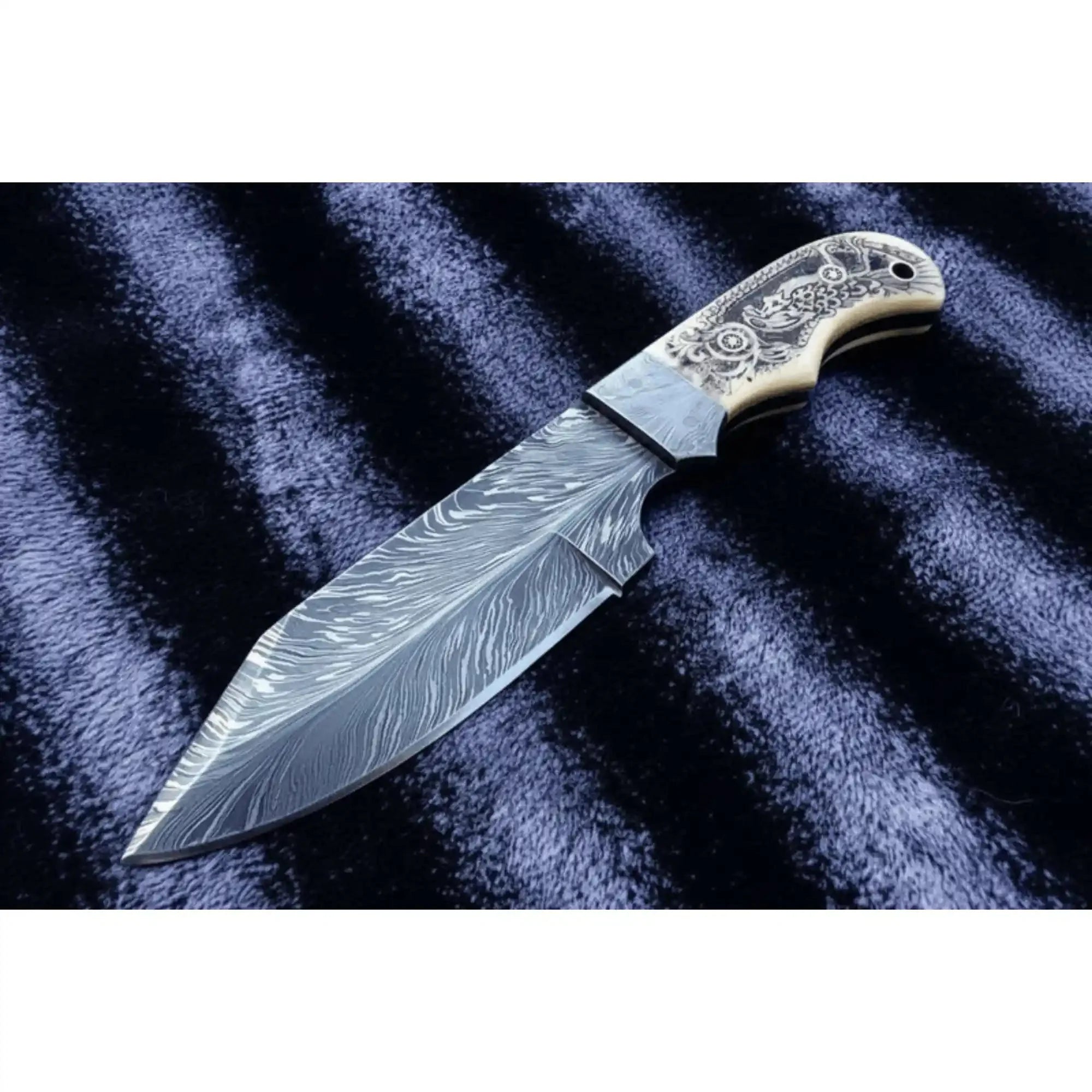 Handmade Damascus Drop Point Hunting Knife with Engraved Bone Handle and Leather Sheath