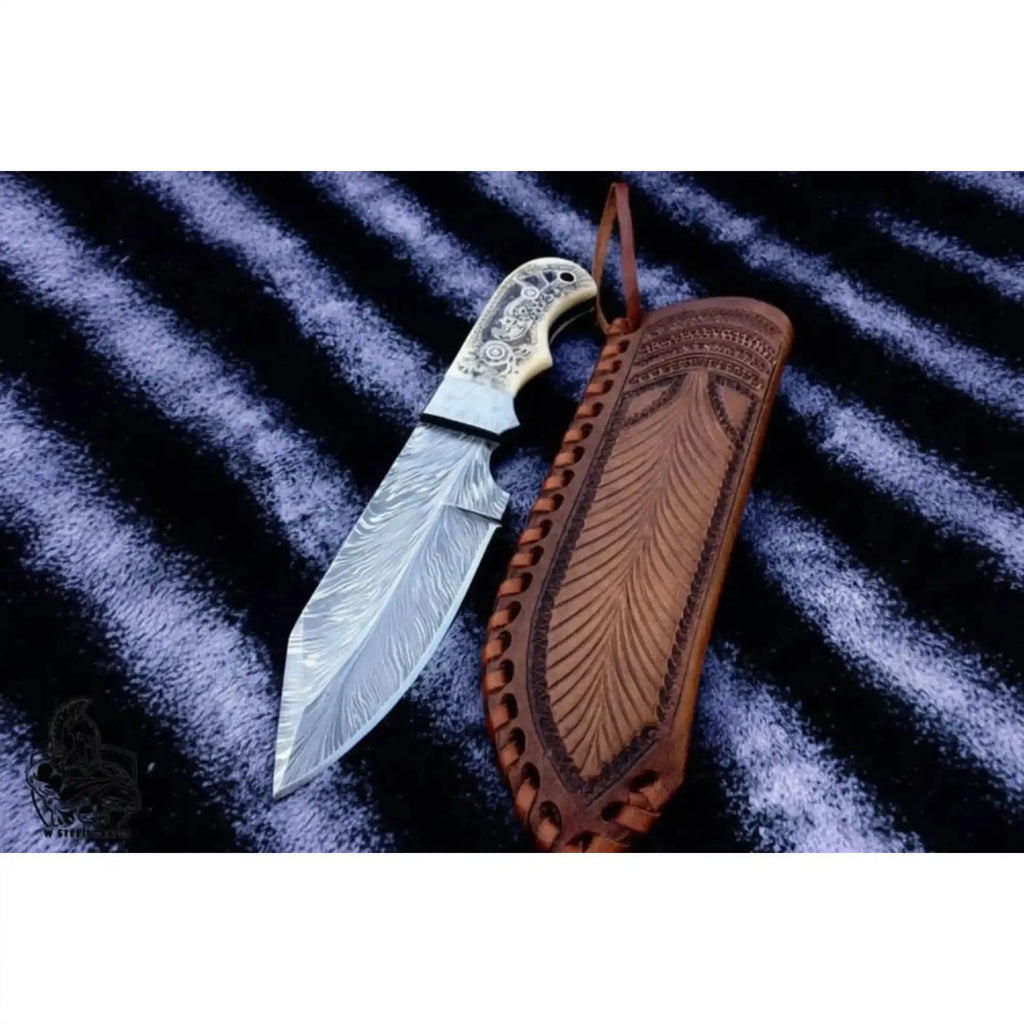 Handmade Damascus Drop Point Hunting Knife with Engraved Bone Handle and Leather Sheath