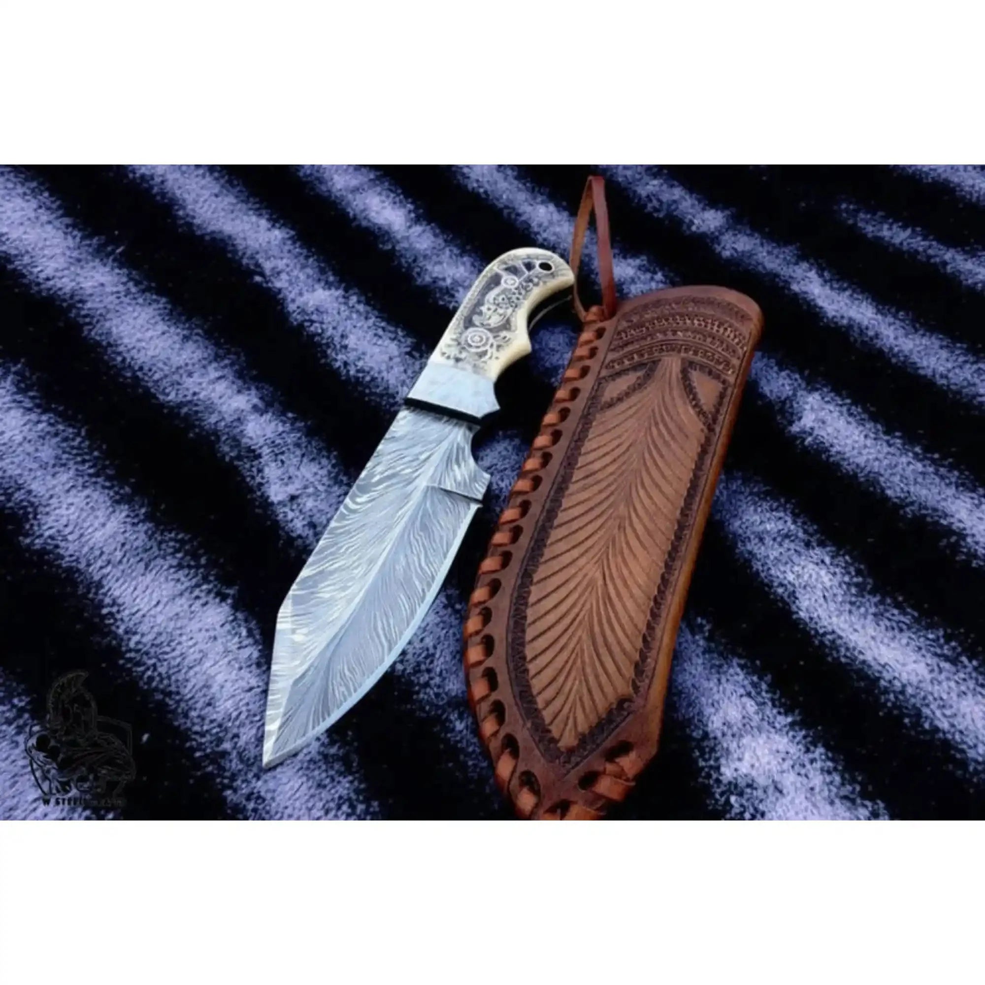 Handmade Damascus Drop Point Hunting Knife with Engraved Bone Handle and Leather Sheath
