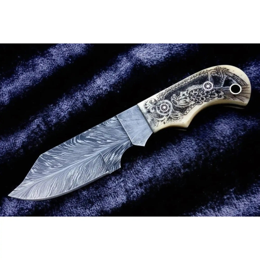 Handmade Damascus Drop Point Hunting Knife with Engraved Bone Handle and Leather Sheath