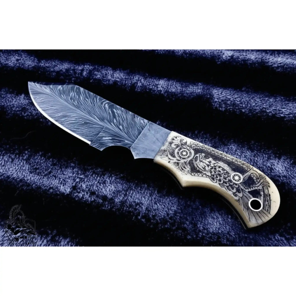 Handmade Damascus Drop Point Hunting Knife with Engraved Bone Handle and Leather Sheath