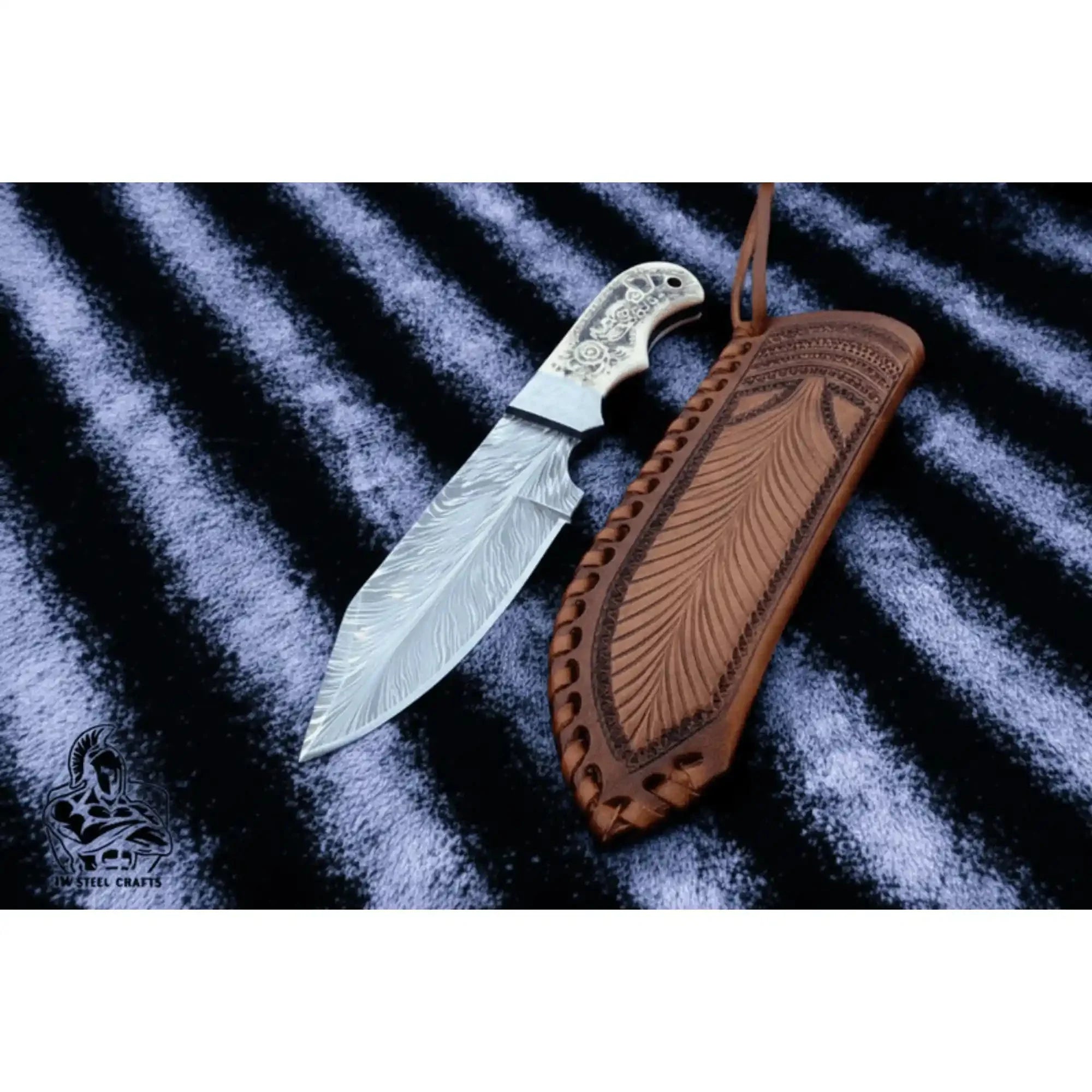 Handmade Damascus Drop Point Hunting Knife with Engraved Bone Handle and Leather Sheath