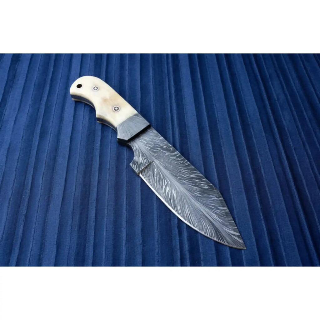 Handmade Damascus Drop Point Hunting Knife with Engraved Bone Handle and Leather Sheath