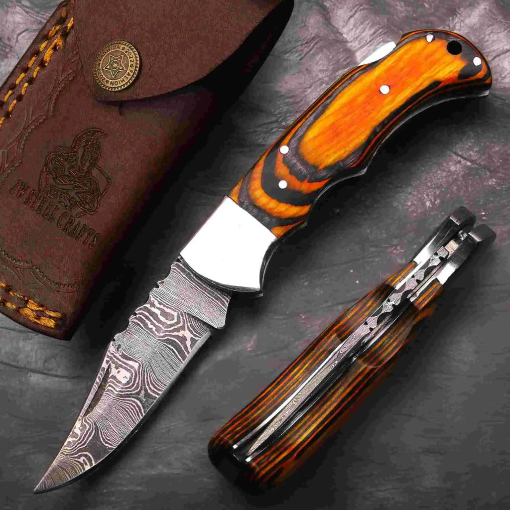 Handmade Damascus Folding Knife – Pakka Wood Handle (4 Color Variations)