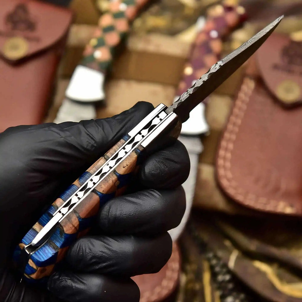 Handmade Damascus Folding Knife – Checker Pattern Wood Handle (Red, Green, Blue) with Leather Sheath