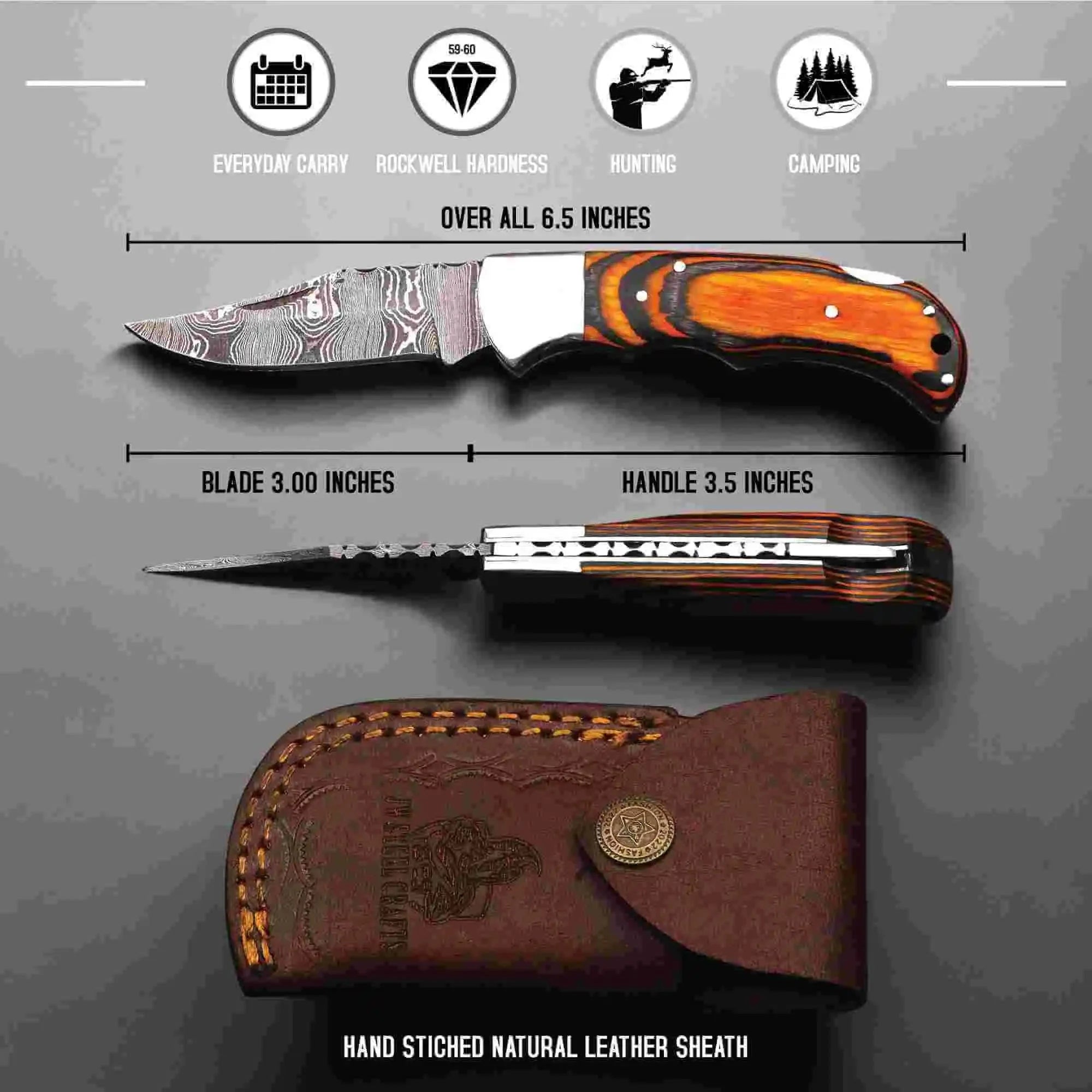 Handmade Damascus Folding Knife – Pakka Wood Handle (4 Color Variations)