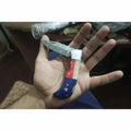 Handmade Damascus Folding Knife – Tricolor Resin Handle (Red, White & Blue) with Leather Sheath