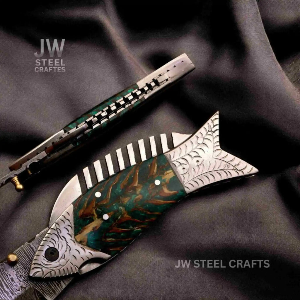 Handmade Damascus Folding Knife with Green Pinecone Resin Handle