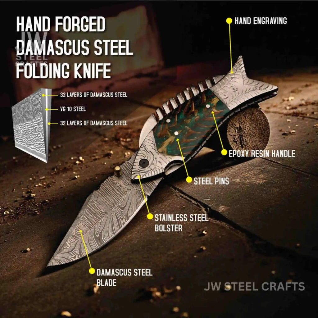 Handmade Damascus Folding Knife with Green Pinecone Resin Handle