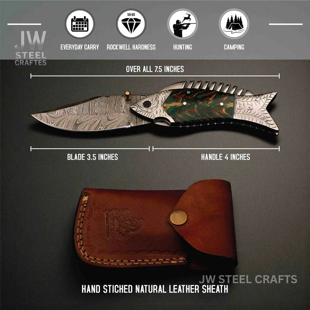 Handmade Damascus Folding Knife with Green Pinecone Resin Handle