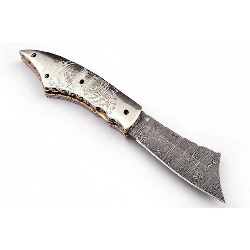 Handmade Damascus Folding Knife with Wolf Engraved Bone Handle & Leather Sheath