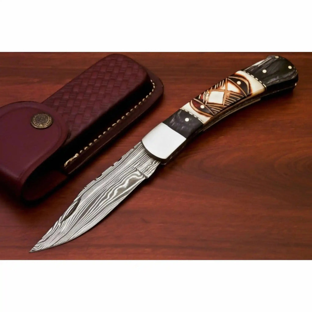 Handmade Damascus Folding Pocket Knife – Engraved & Plain Handle Variants | Leather Sheath Included