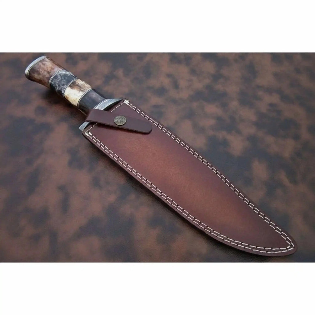 Hand-Forged Damascus Bowie Knife with Coffin Style Stacked Wood Handle