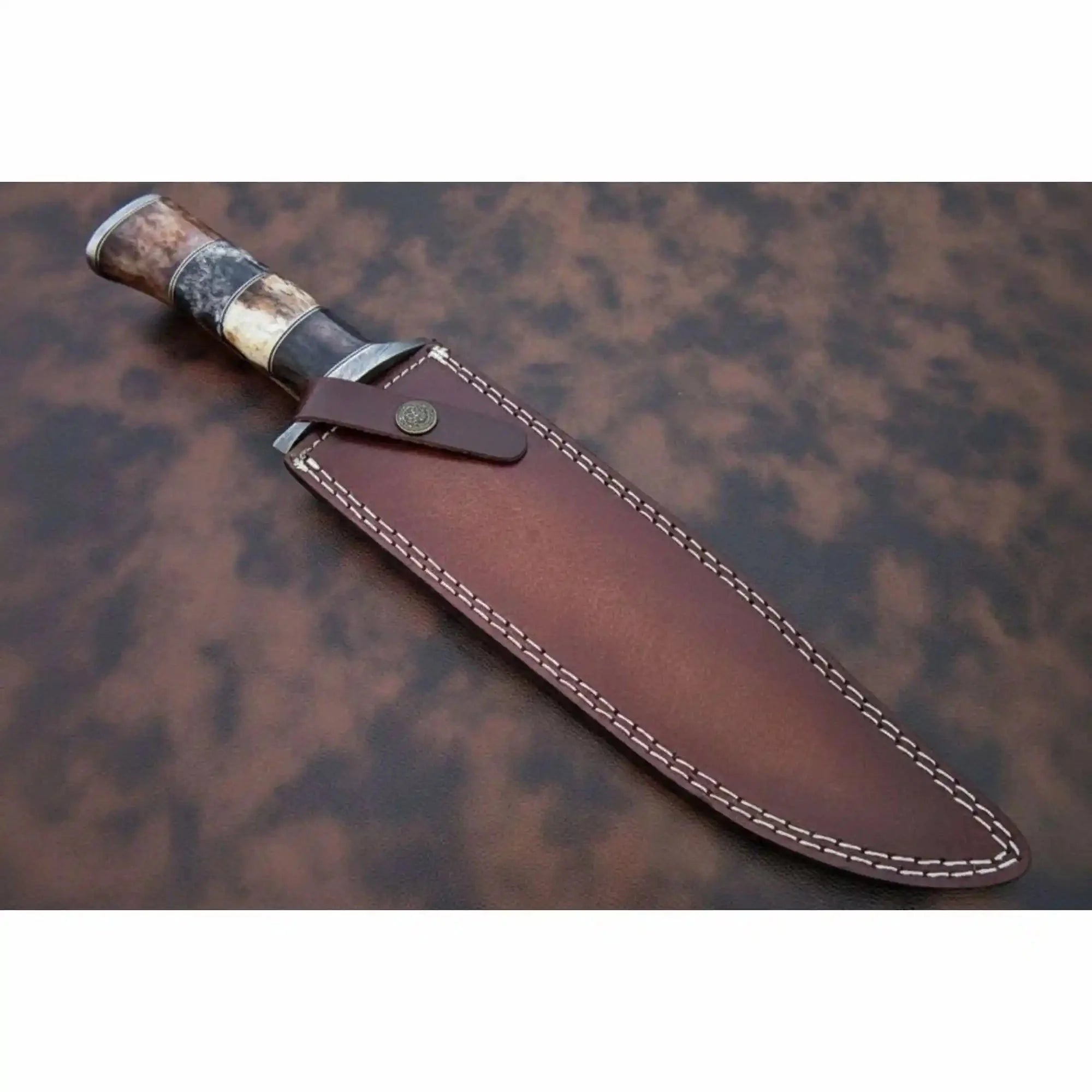 Hand-Forged Damascus Bowie Knife with Coffin Style Stacked Wood Handle