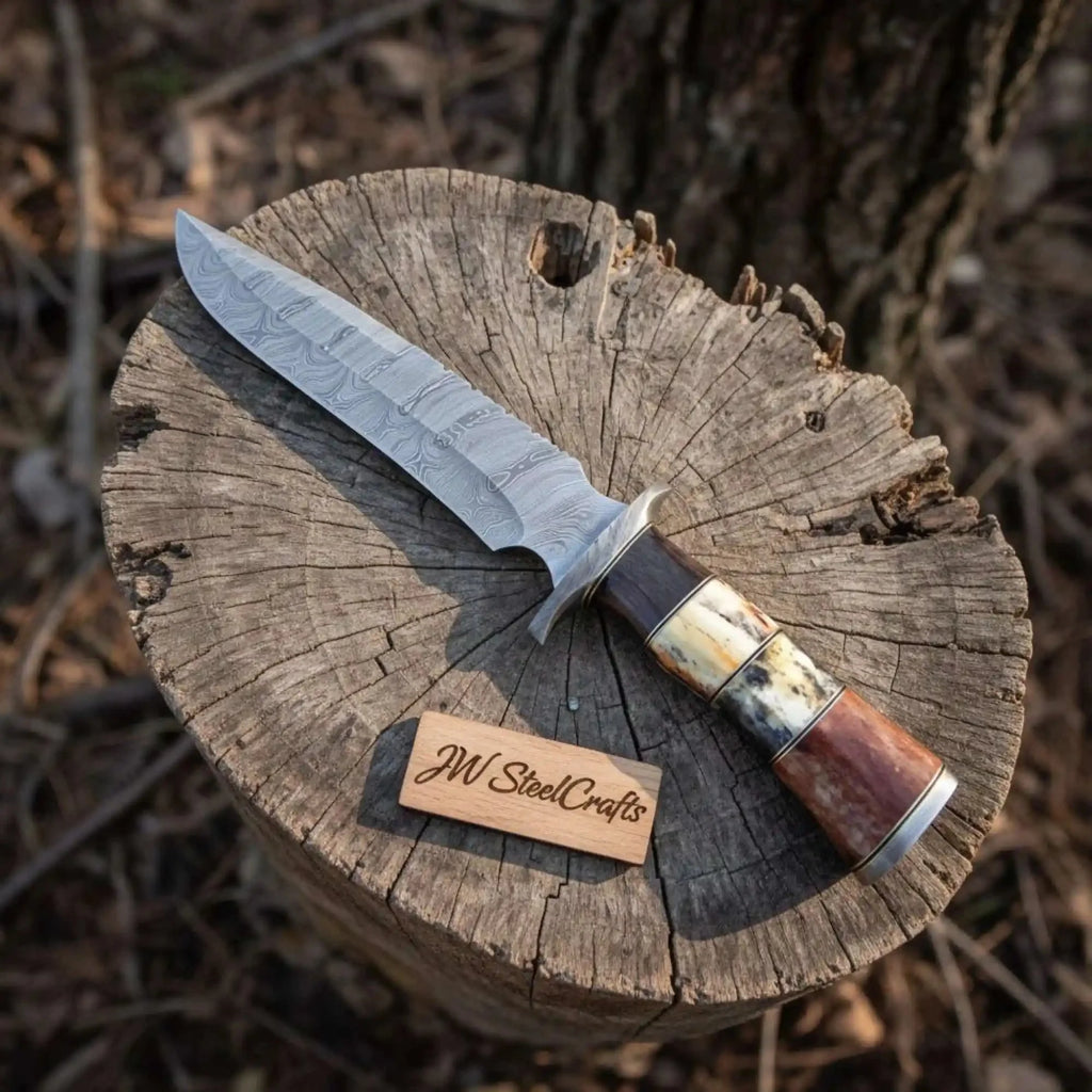 Hand-Forged Damascus Bowie Knife with Coffin Style Stacked Wood Handle
