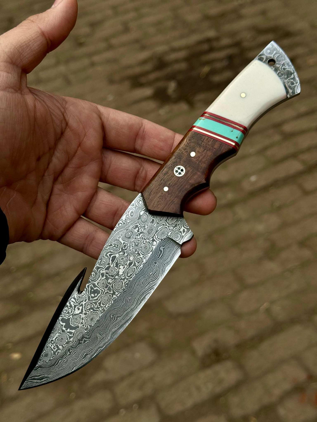 Handmade Damascus Gut Hook Hunting Knife Bone and Rosewood Handle with Leather Sheath