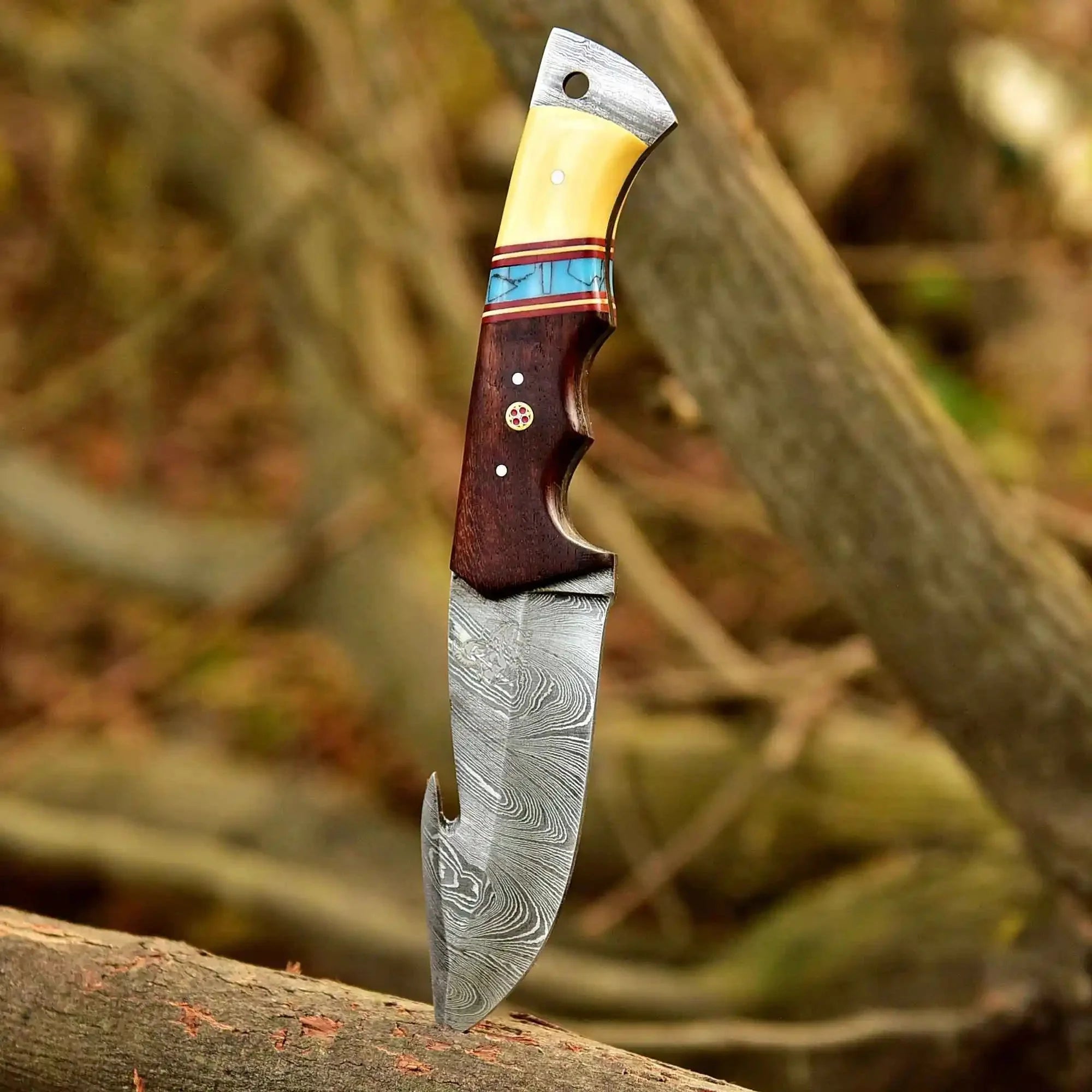 Handmade Damascus Gut Hook Hunting Knife Bone and Rosewood Handle with Leather Sheath