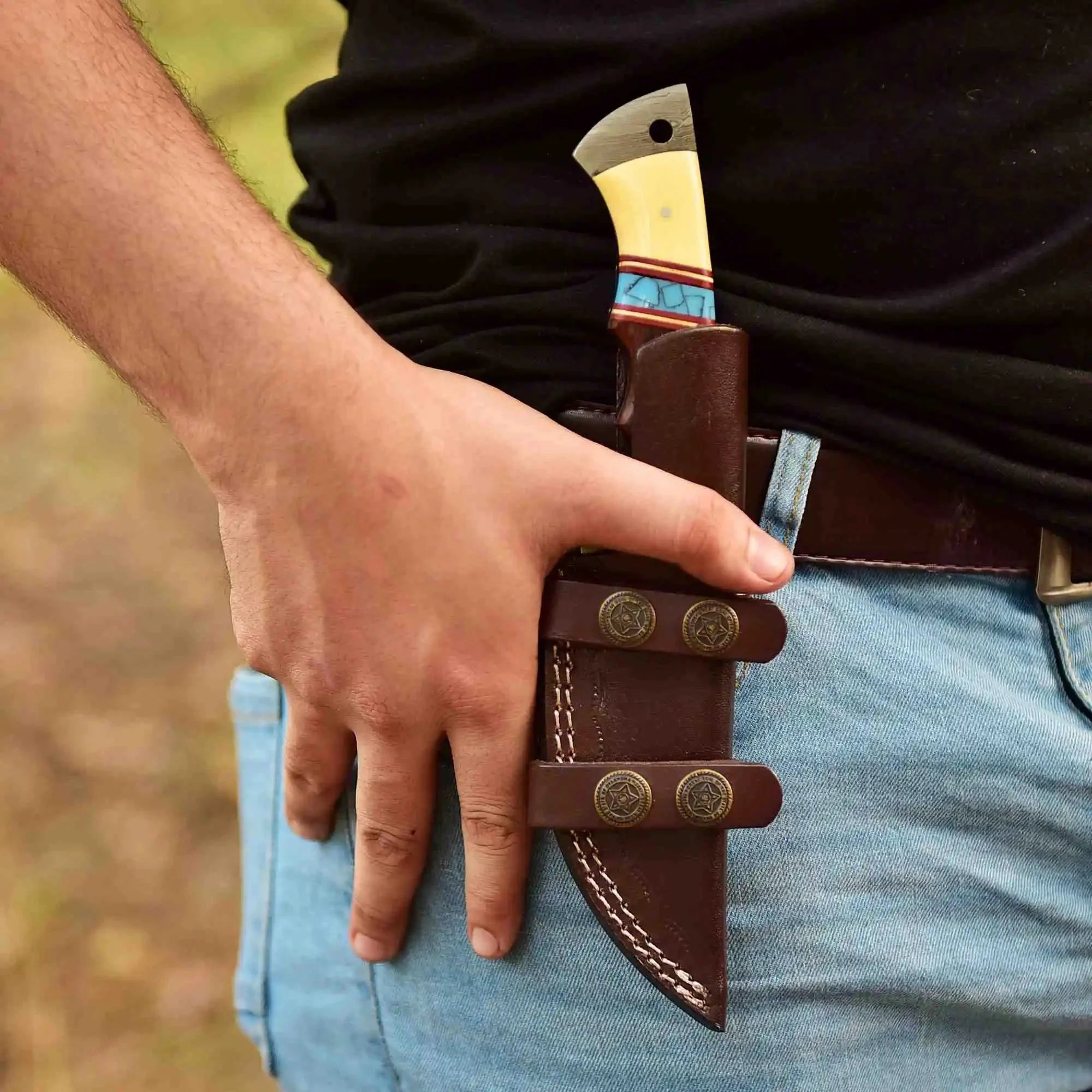 Handmade Damascus Gut Hook Hunting Knife Bone and Rosewood Handle with Leather Sheath