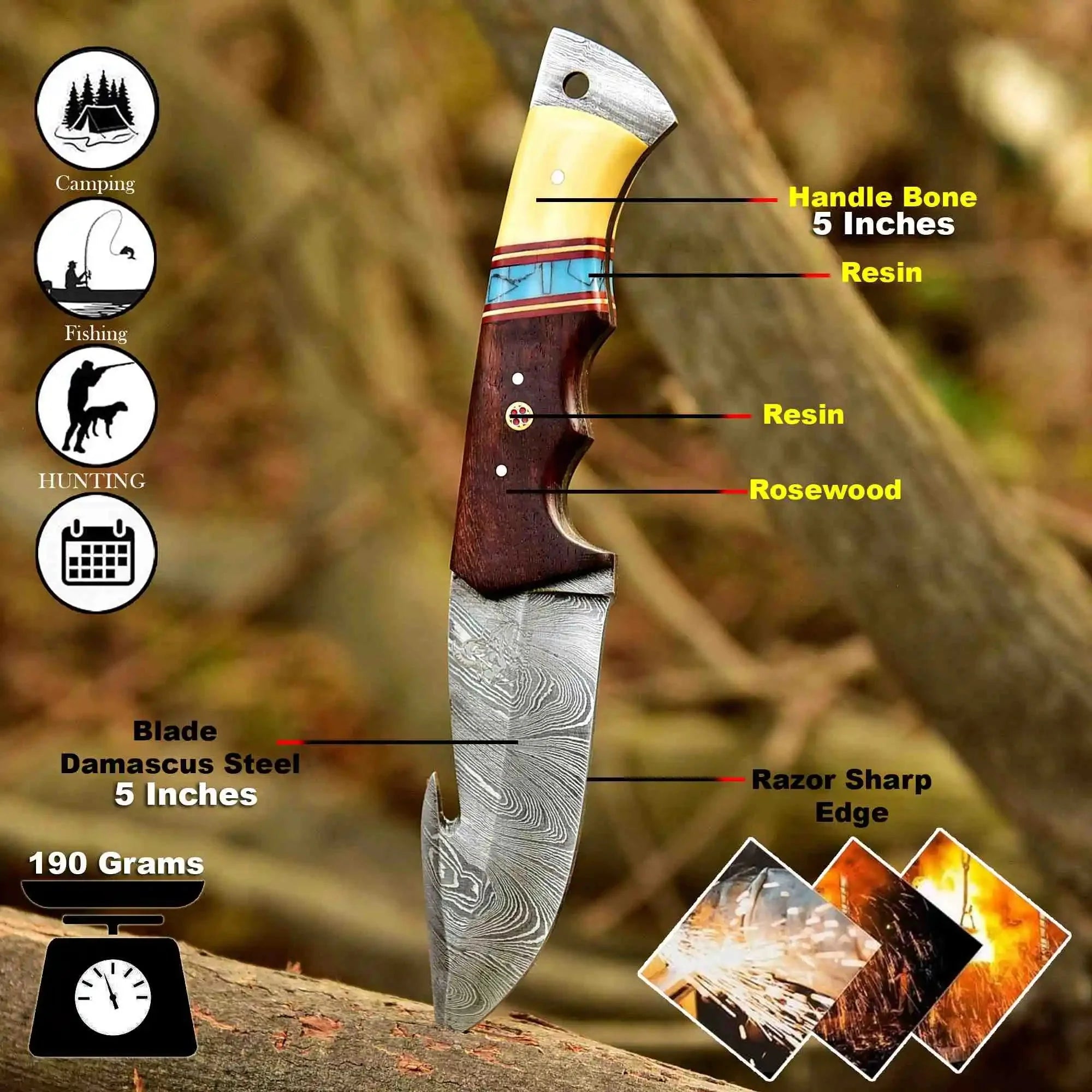 Handmade Damascus Gut Hook Hunting Knife Bone and Rosewood Handle with Leather Sheath