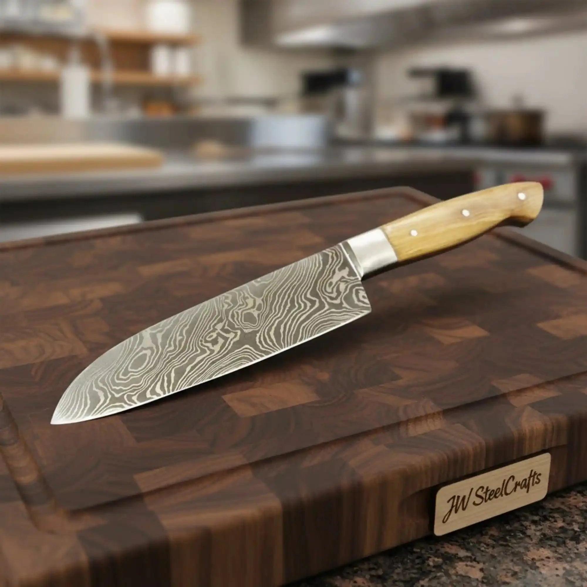 Handmade Damascus Gyuto Chef Knife — Steel Bolster, Olive Wood Handle, Mosaic Pin, Full Tang