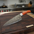 Damascus Gyuto Knife with Layered Steel Blade & Orange Wood Handle for Precision Slicing
