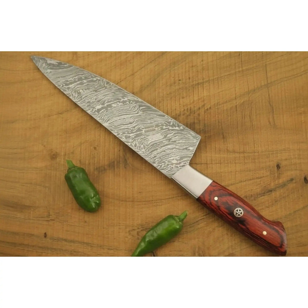 Handmade Damascus Steel Gyuto Knife, Red Pakka Wood Handle, Japanese Chef Blade, JW SteelCrafts