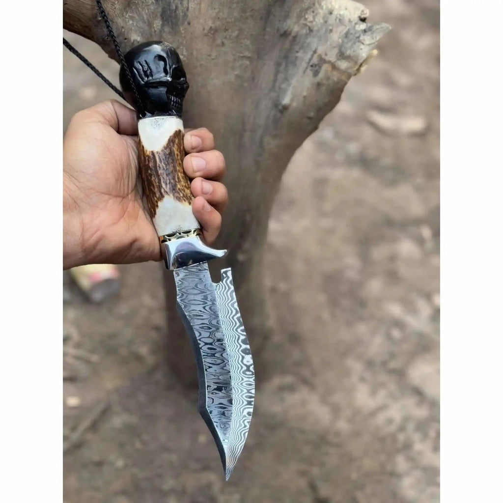 Handmade Damascus Hunting Knife with Stag Antler Handle & Custom Leather Sheath