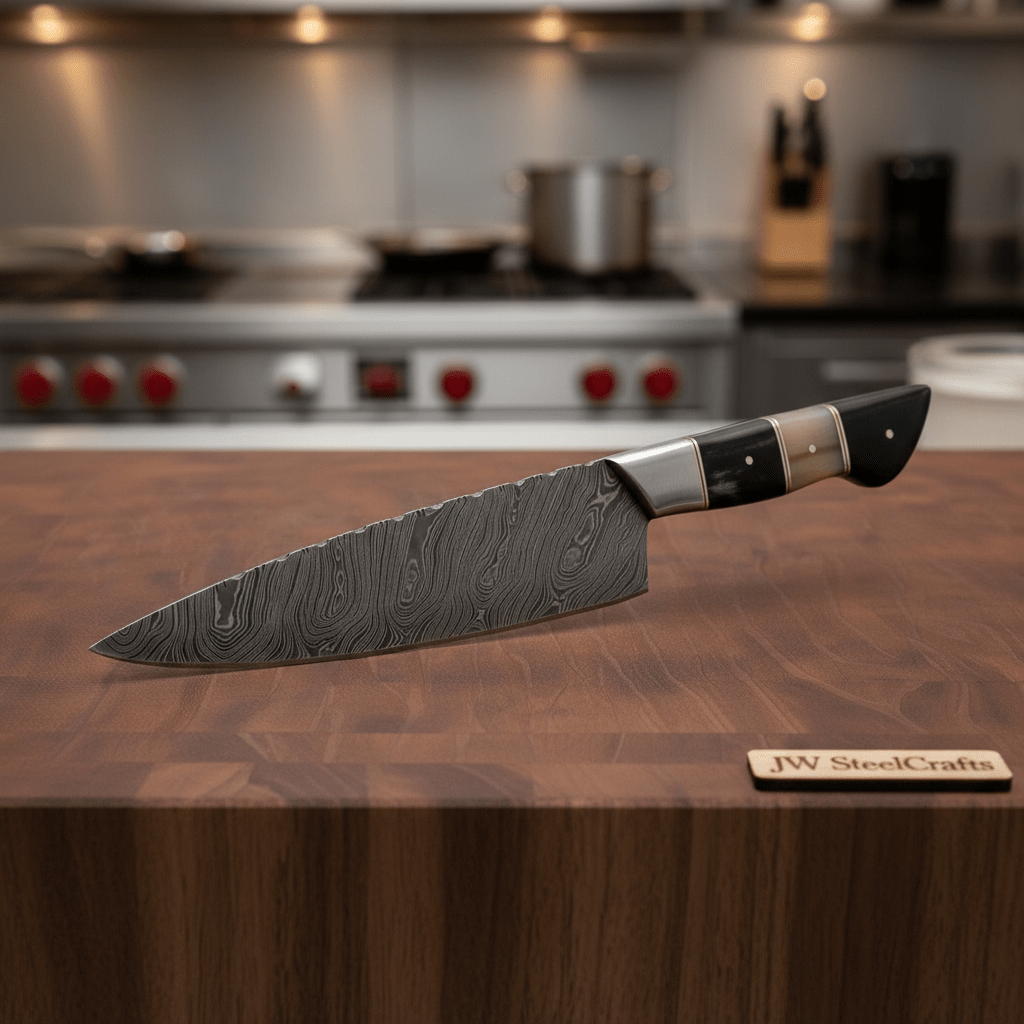 Damascus Kiritsuke Chef Knife with Raindrop Pattern Blade and Red/Black Pakka Wood Handle