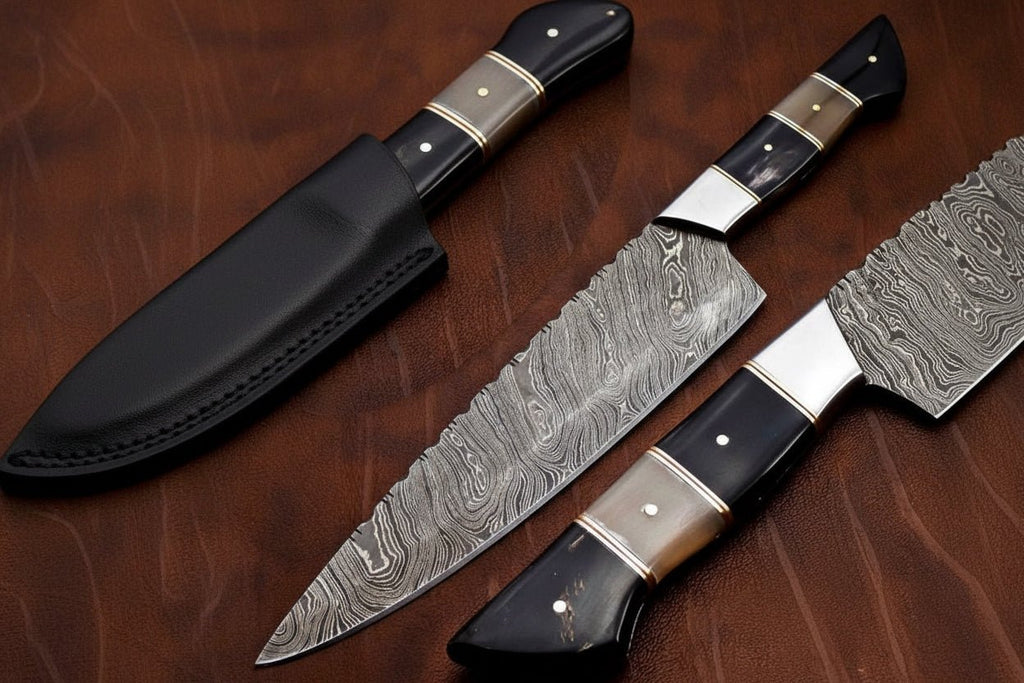Damascus Kiritsuke Chef Knife with Raindrop Pattern Blade and Red/Black Pakka Wood Handle