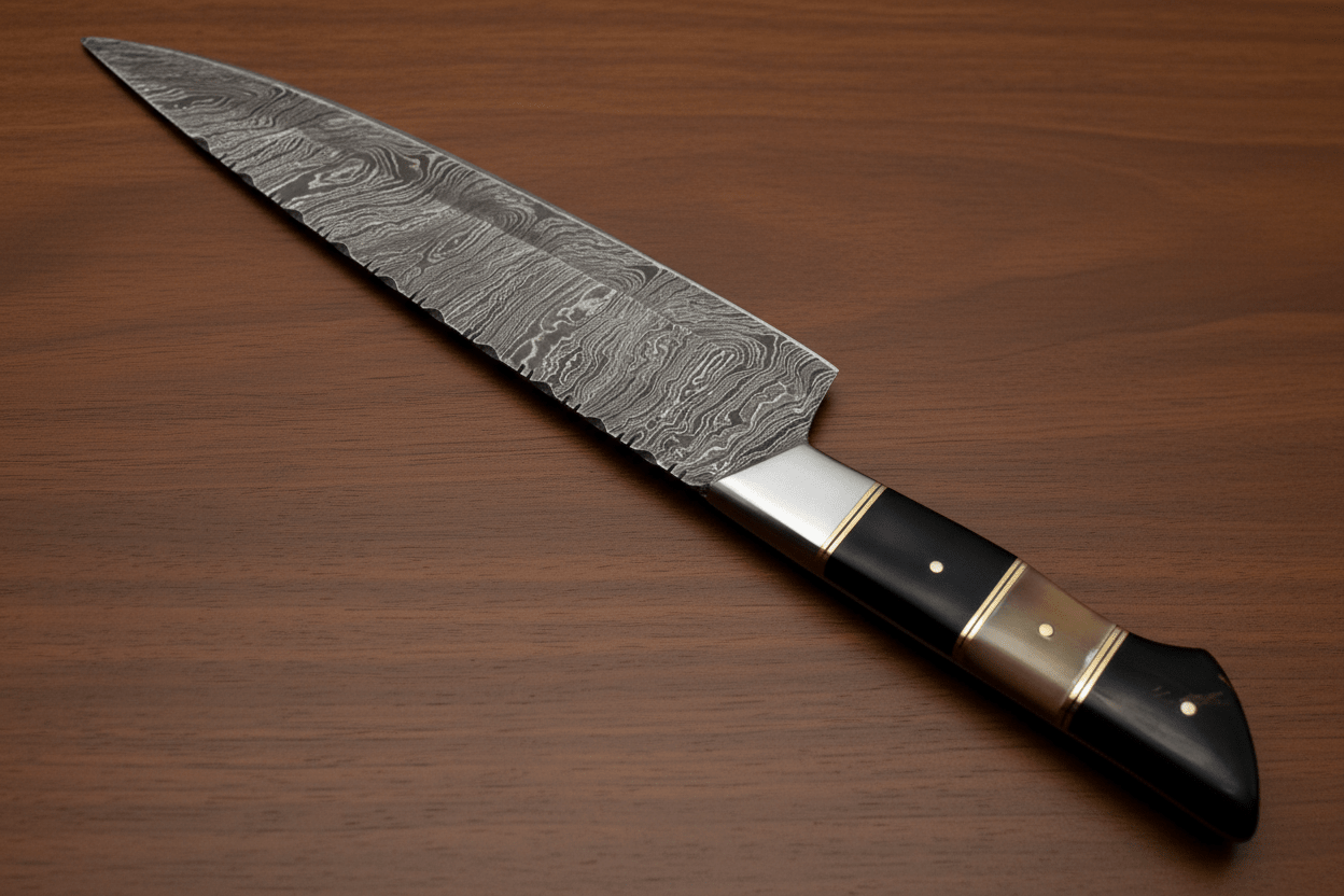 Damascus Kiritsuke Chef Knife with Raindrop Pattern Blade and Red/Black Pakka Wood Handle
