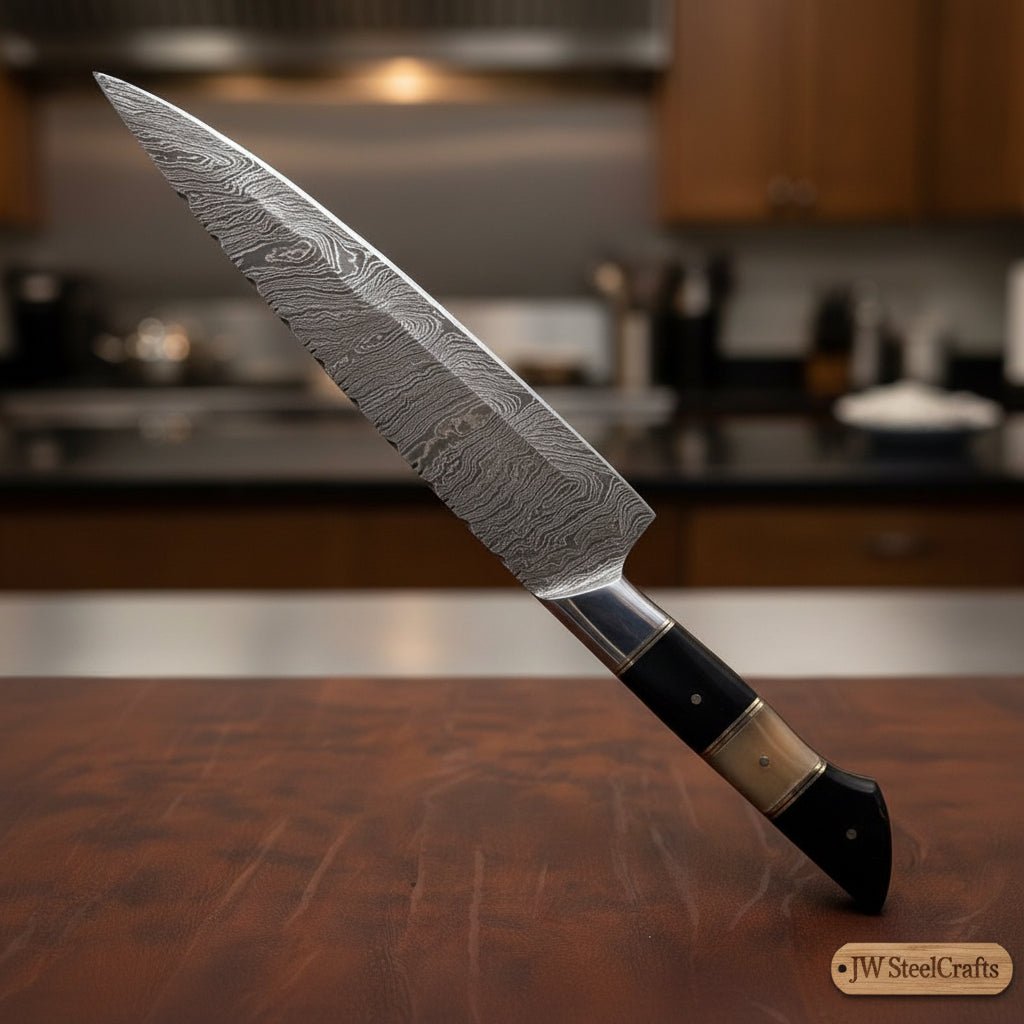 Damascus Kiritsuke Chef Knife with Raindrop Pattern Blade and Red/Black Pakka Wood Handle