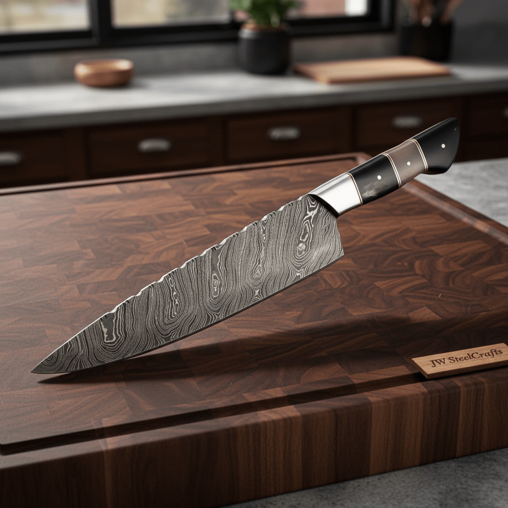Damascus Kiritsuke Chef Knife with Raindrop Pattern Blade and Red/Black Pakka Wood Handle
