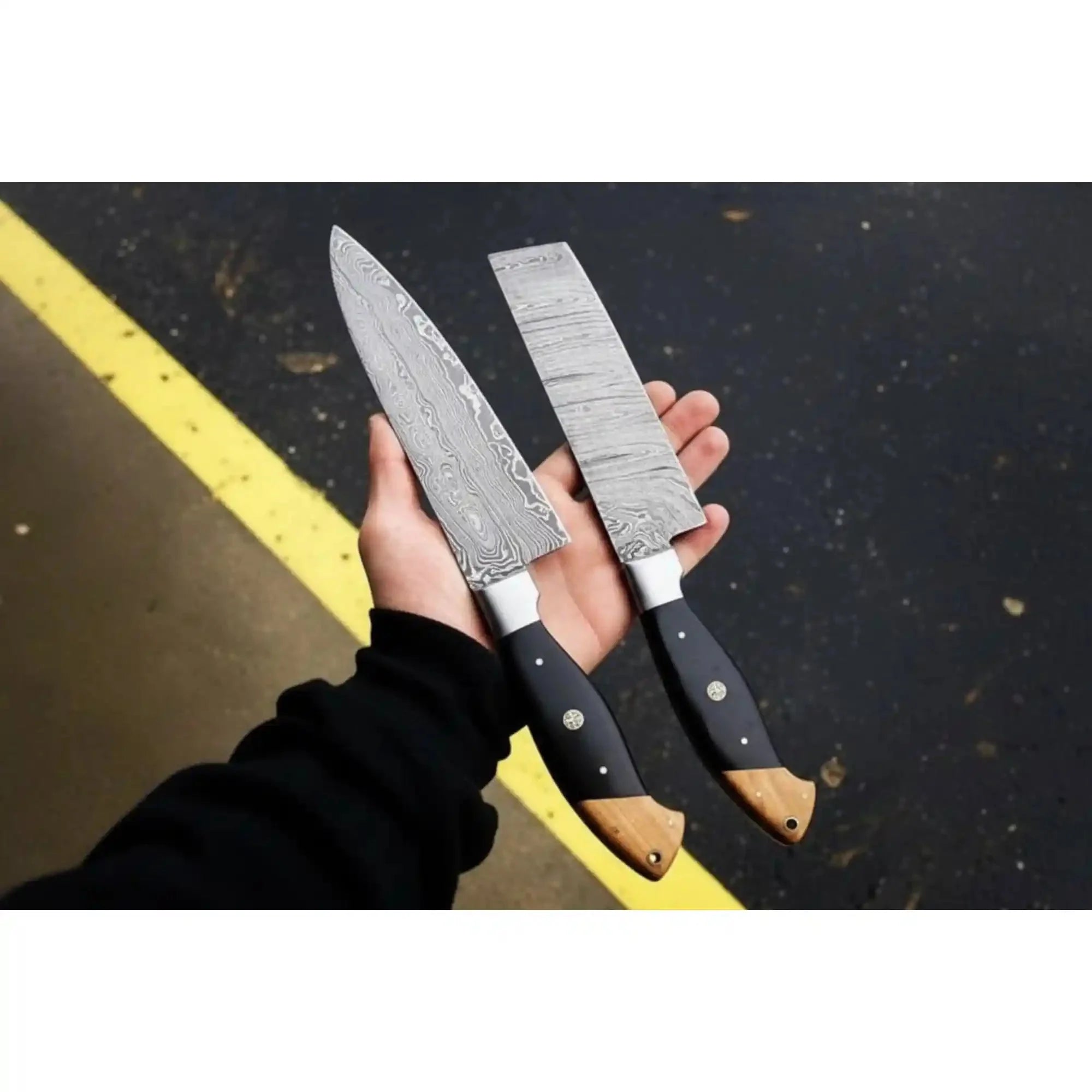 Damascus Kitchen Set: Western Chef Knife & Chinese Cleaver, Olive/Black Pakka Wood