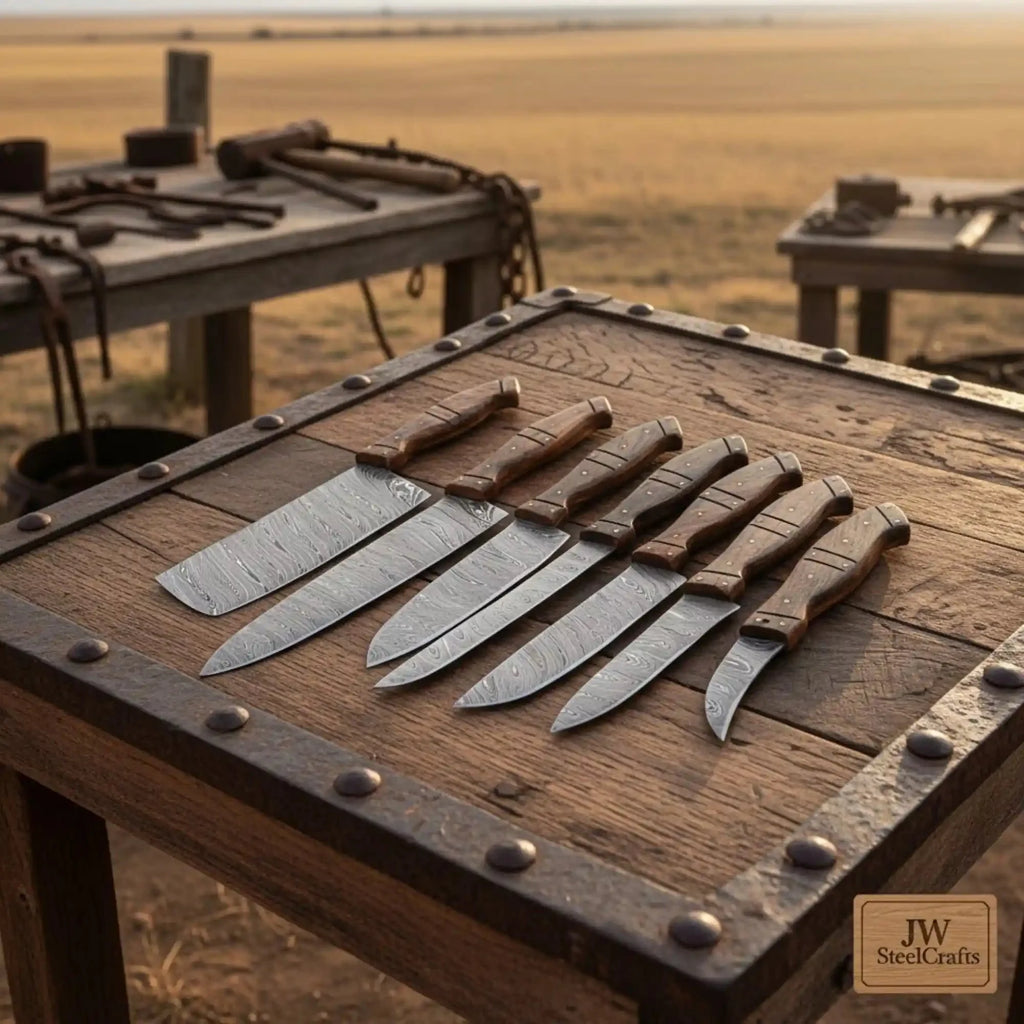 7-Piece Handmade Damascus Kitchen Knife Set - Premium Rose Wood Handle Professional Chef Cooking Set