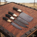 5 piece Handmade Damascus Kitchen Knife Set with Black Resin White Bone and Rosewood Handles
