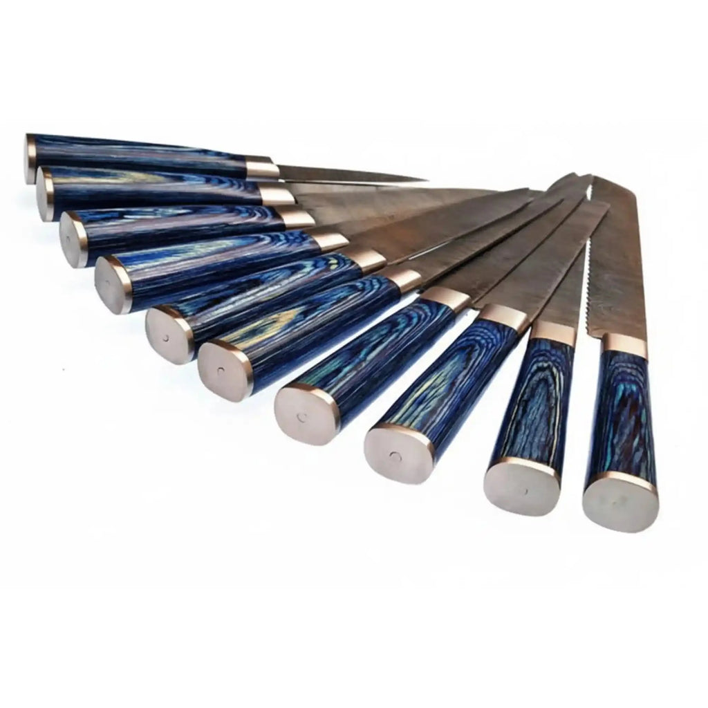 Handmade Damascus Kitchen Knife Set of 10 Blue Wood Handles Chef Santoku Cleaver Bread Utility Knives Full Tang