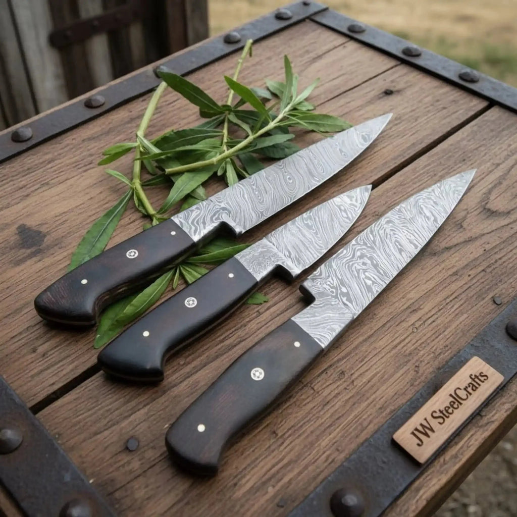 3-Piece Handmade Damascus Kitchen Knife Set, Full Tang Twisted Pattern Steel, Black Micarta Handles