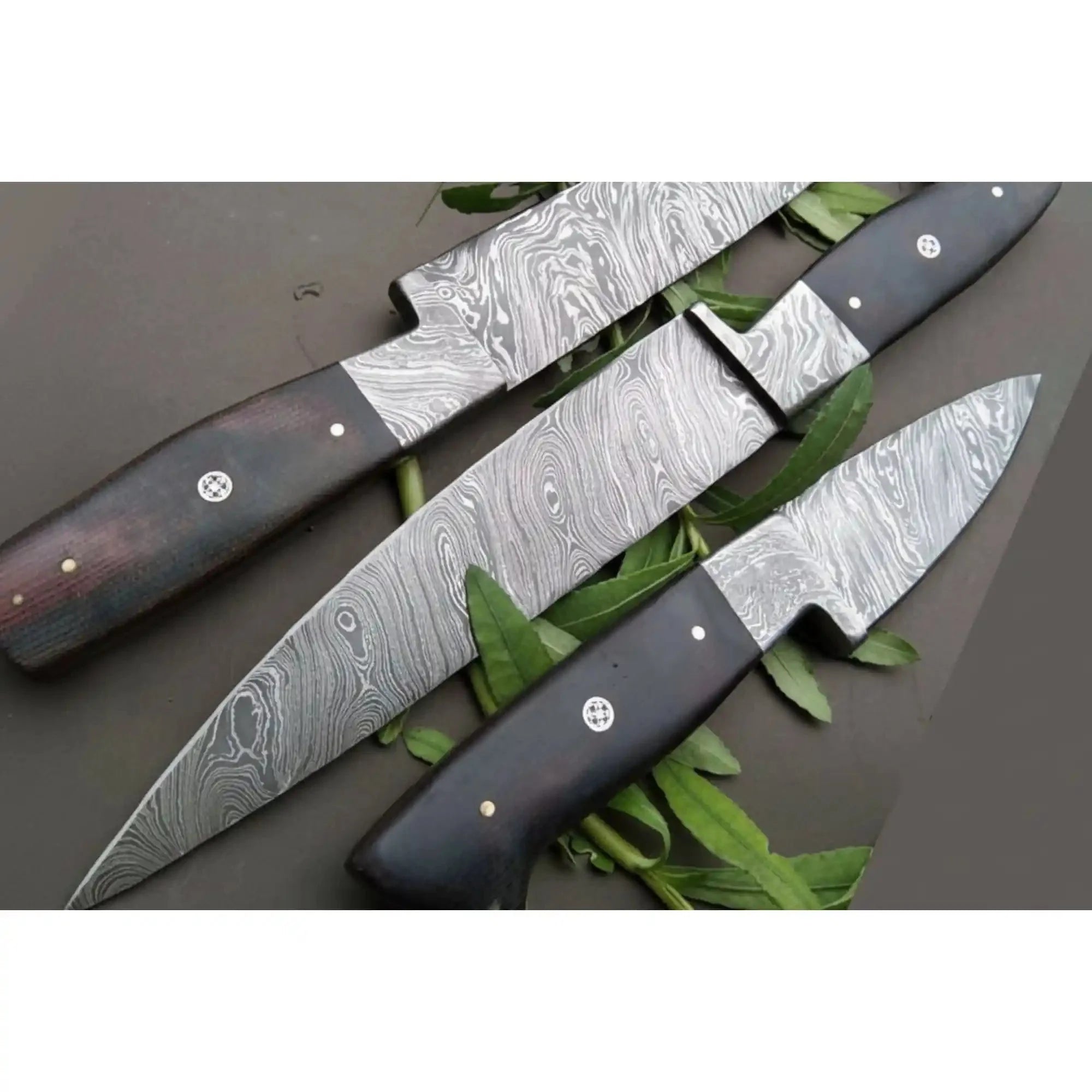 3-Piece Handmade Damascus Kitchen Knife Set, Full Tang Twisted Pattern Steel, Black Micarta Handles