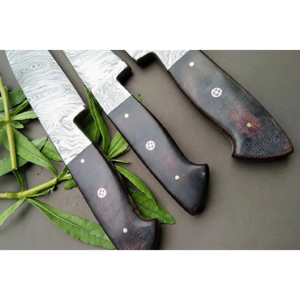 3-Piece Handmade Damascus Kitchen Knife Set, Full Tang Twisted Pattern Steel, Black Micarta Handles