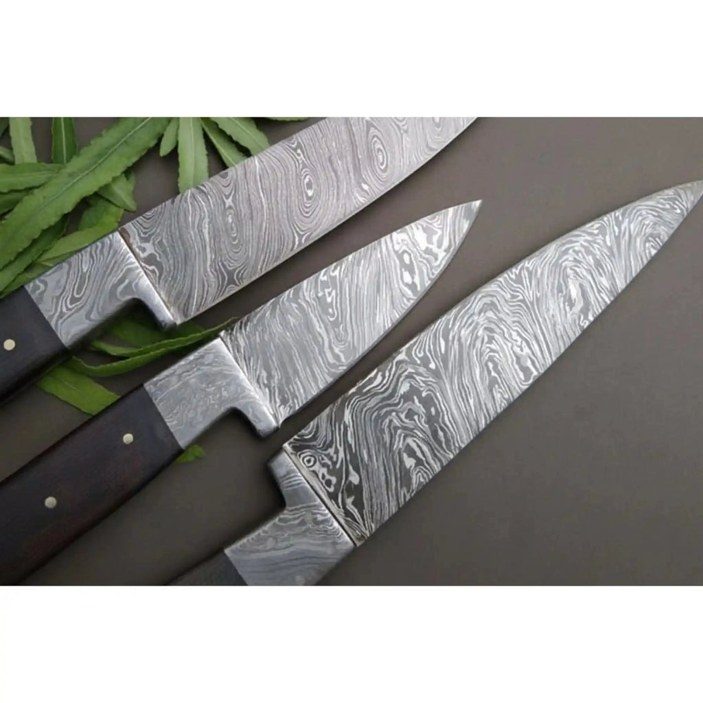 3-Piece Handmade Damascus Kitchen Knife Set, Full Tang Twisted Pattern Steel, Black Micarta Handles