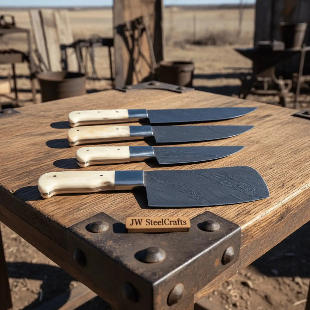 Handmade Damascus Kitchen Knife Set of 4, White Bone Handle Chef Knife Collection, Full Tang Forged Damascus Steel Cooking Knife Set, Custom Culinary Gift Set